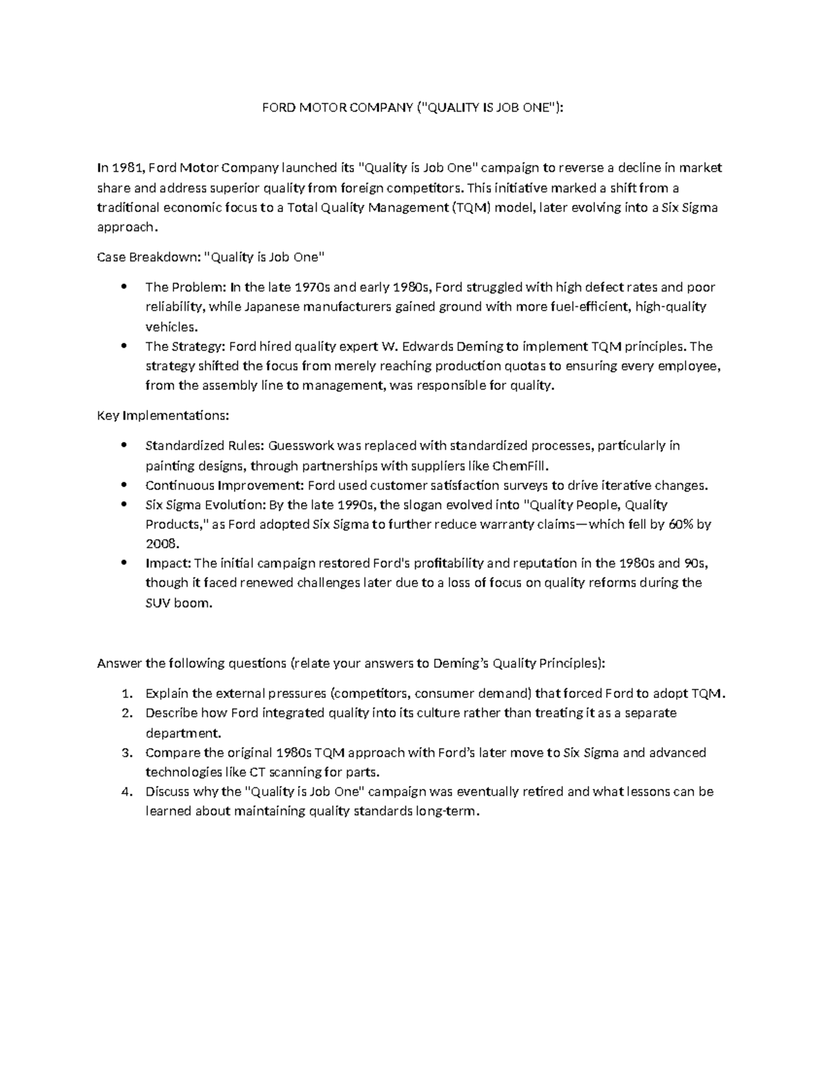 FORD Case Study: The 'is Job' Campaign and TQM Evolution - Studocu