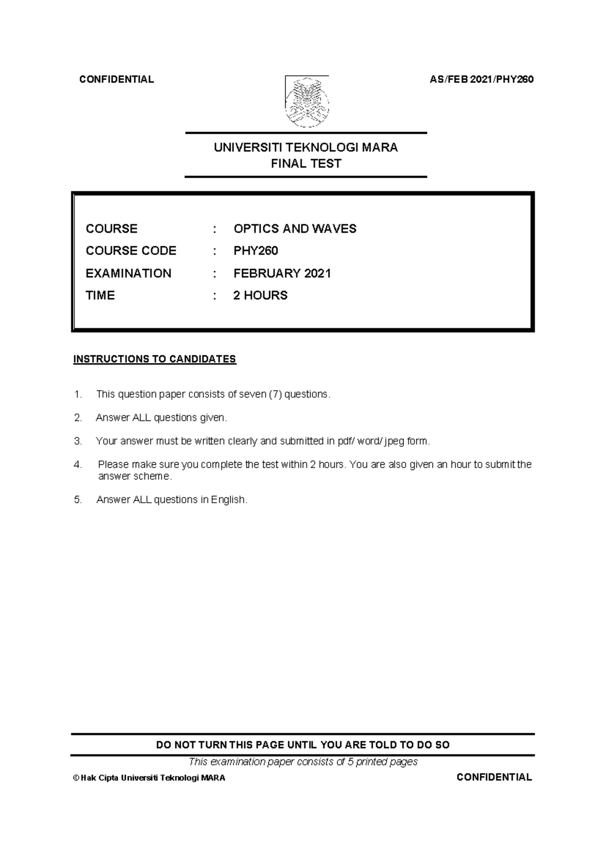 Final Test Questions for PHY260: Optics and Waves - Feb 2021 - Studocu