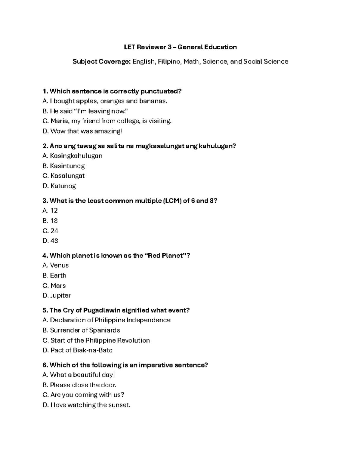 LET Reviewer 3: General Education Coverage in English, Filipino, Math ...