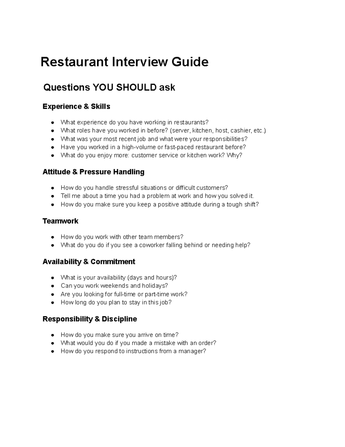 Interview Guide: Key Questions for Restaurant Roles - Studocu