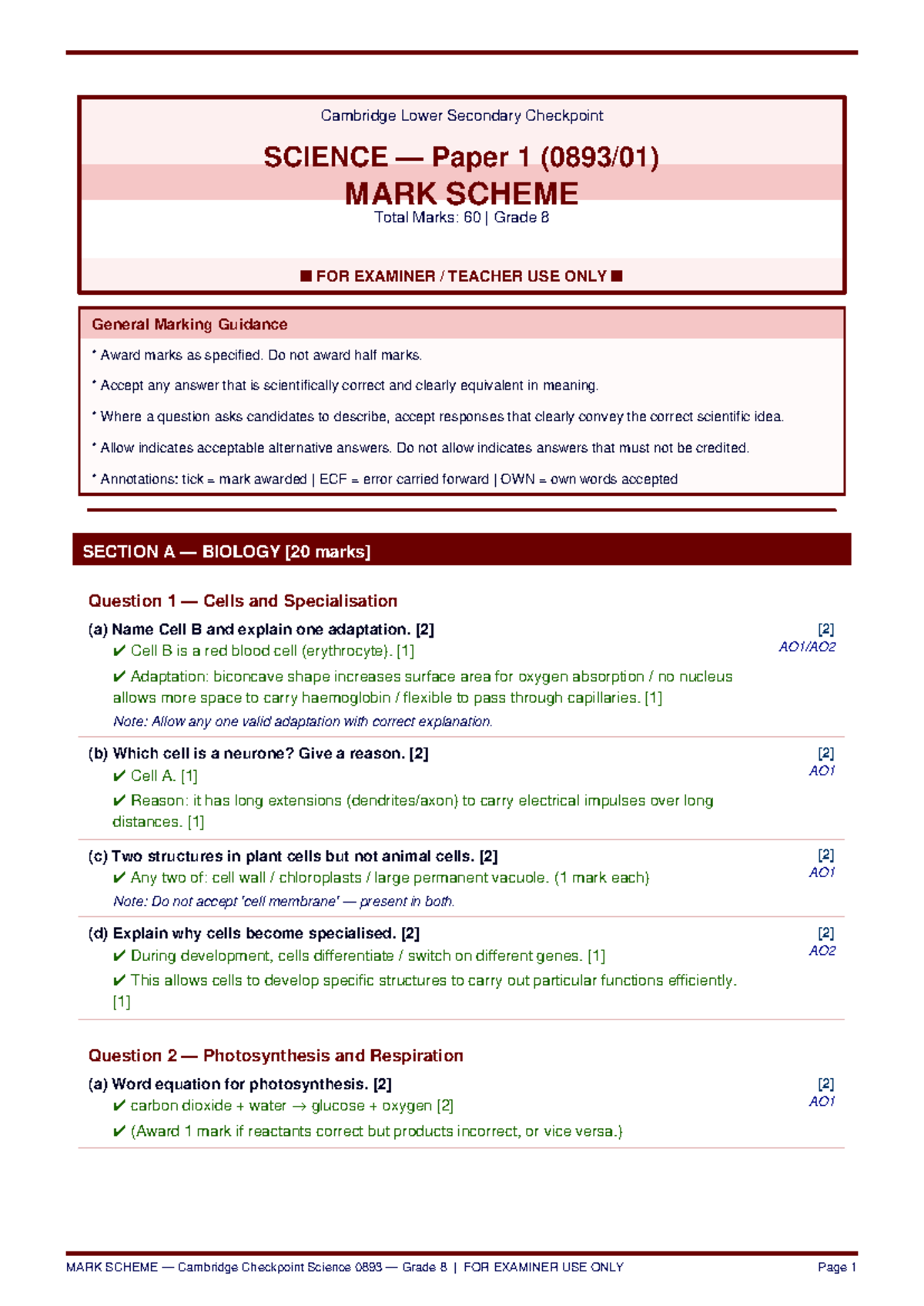 Cambridge Checkpoint Grade 8 Science Paper 1 Mark Scheme - Studocu