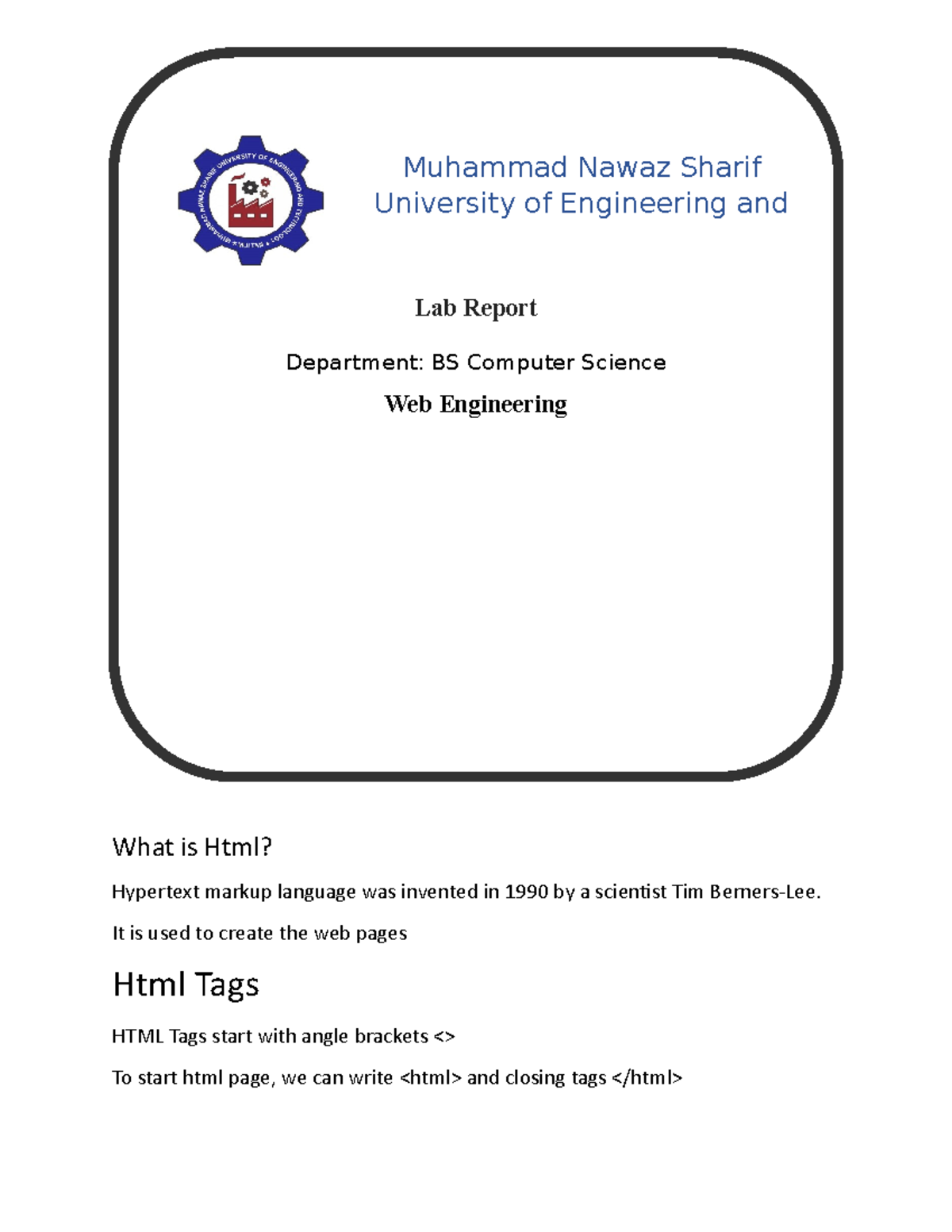 Lab Manual of HTML and CSS - Lab Report Department: BS Computer Science ...