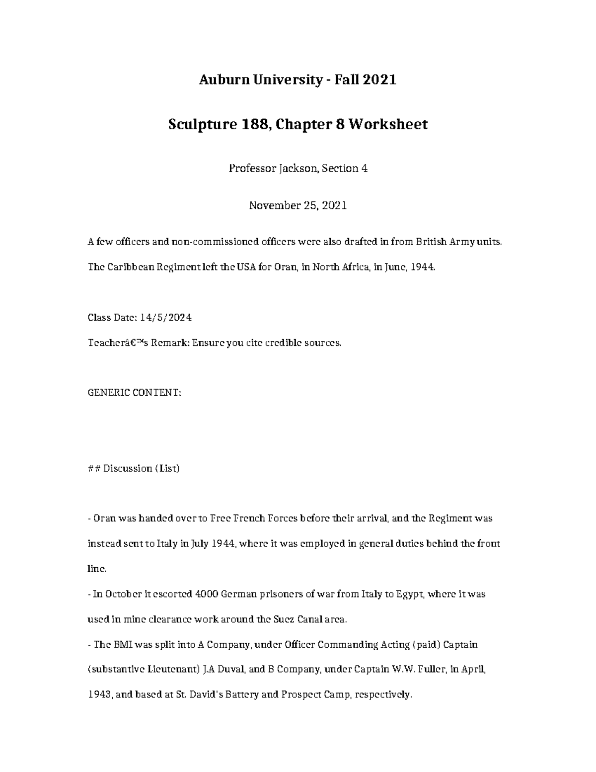Sculpture 188 Chapter 8 Worksheet - Key Points & Analysis - Studocu