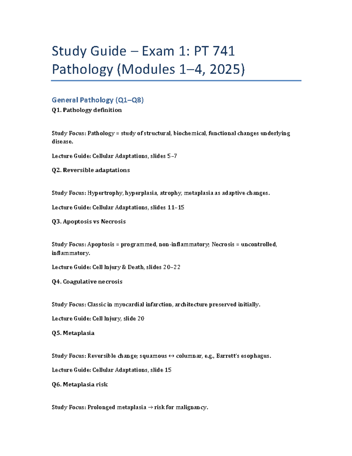 Study Guide for Exam 1: PT 741 Pathology (Modules 1-4, 2025) - Studocu