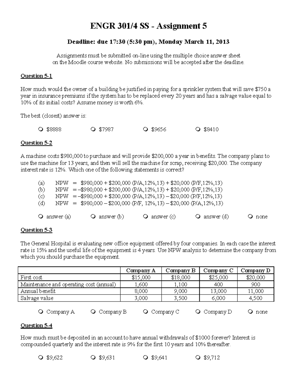 ENGR 301/4 SS - Assignment 5 Solutions & Analysis (Due Mar 11, 2013 ...