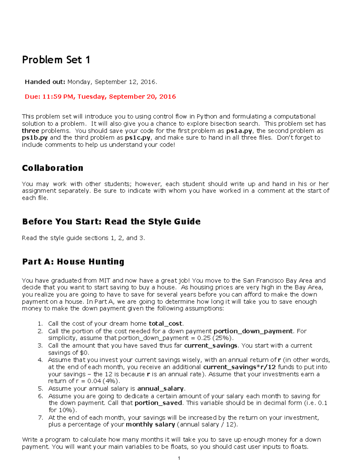 MIT Problem Set 1 - First homework set - Problem Set 1 Handed out ...