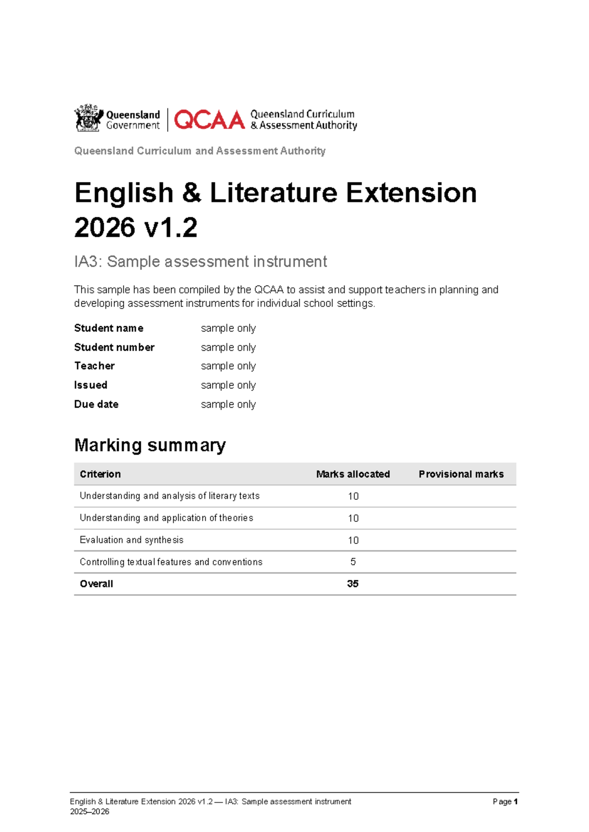 English Literature Extension 2026 v1.2 IA3: Sample Assessment ...