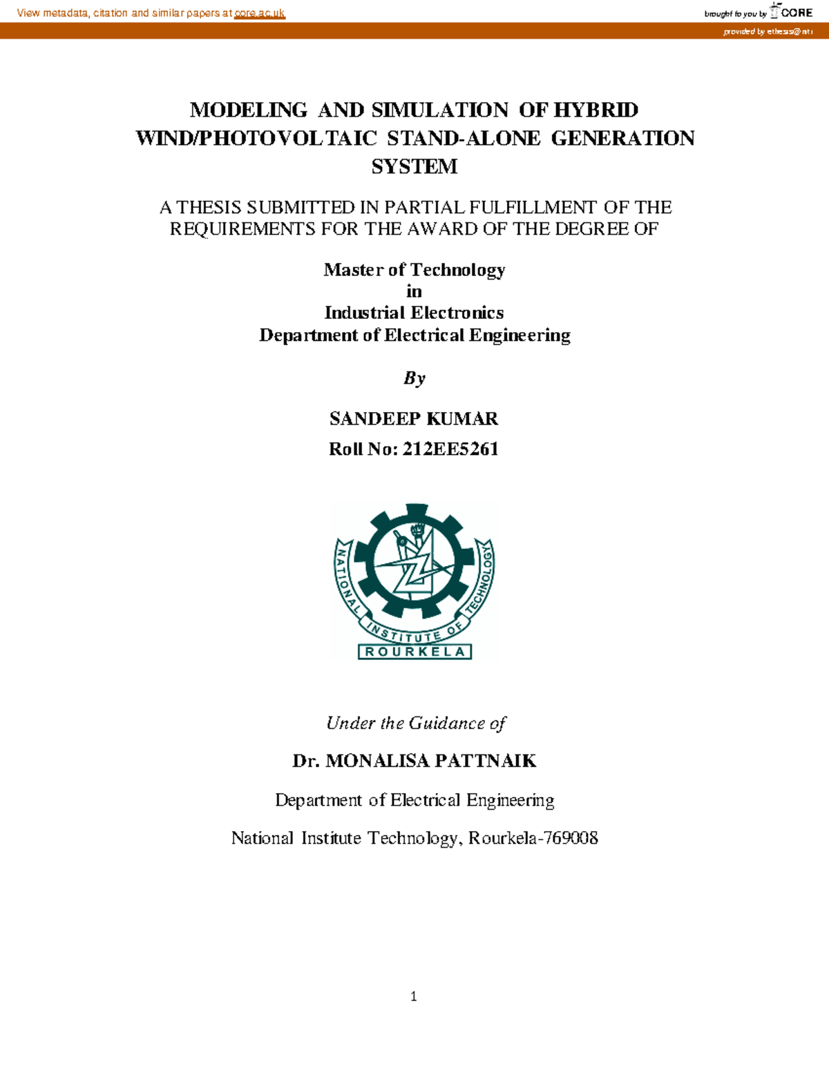 Modeling and Simulation of Hybrid Generation System (M.Tech) - Studocu