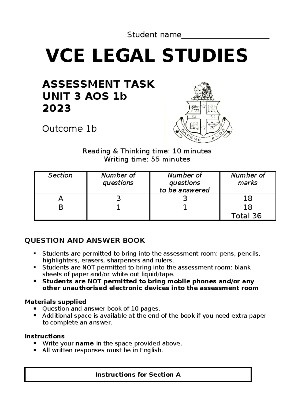 2023 VCE Legal Studies Unit 3 AOS 1b Assessment Task Guide - Studocu