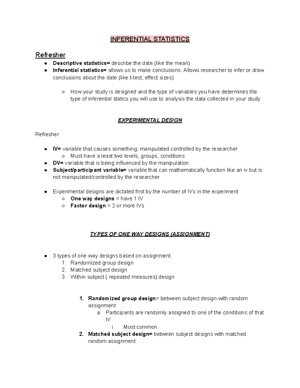 Inferential Statistics and Hypothesis Testing: Exam Review (EXP 2 ...