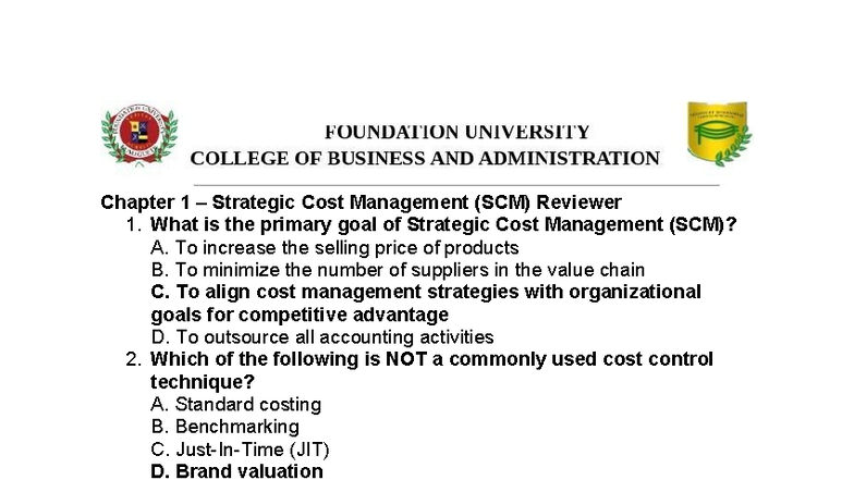 Chapter 1-4 Strategic Cost Management (SCM) Comprehensive Review Notes ...