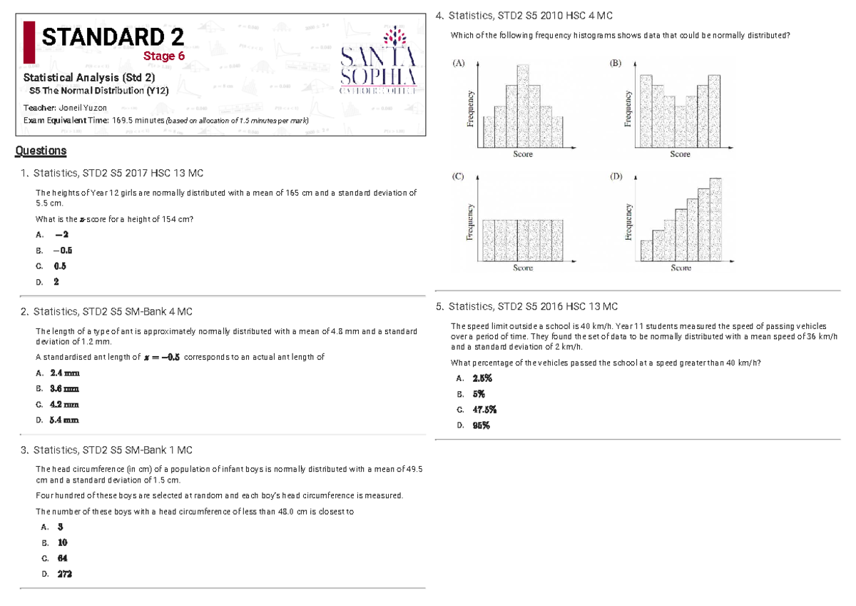 Normal Distribution HSC Questions - Statistics STD2 S5 - Studocu