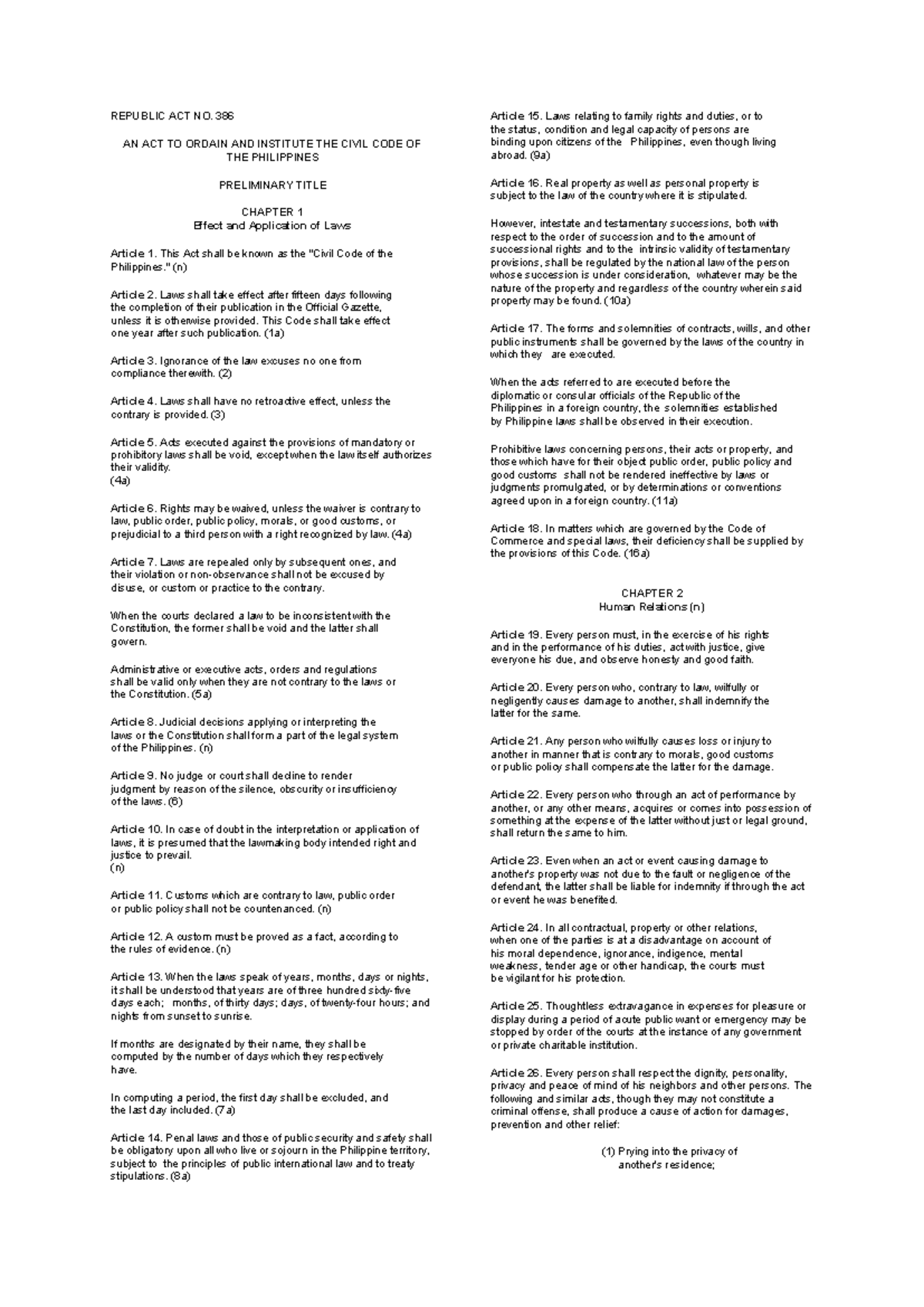 Civil Code of the Philippines: Preliminary Title & Chapter 1 Overview ...