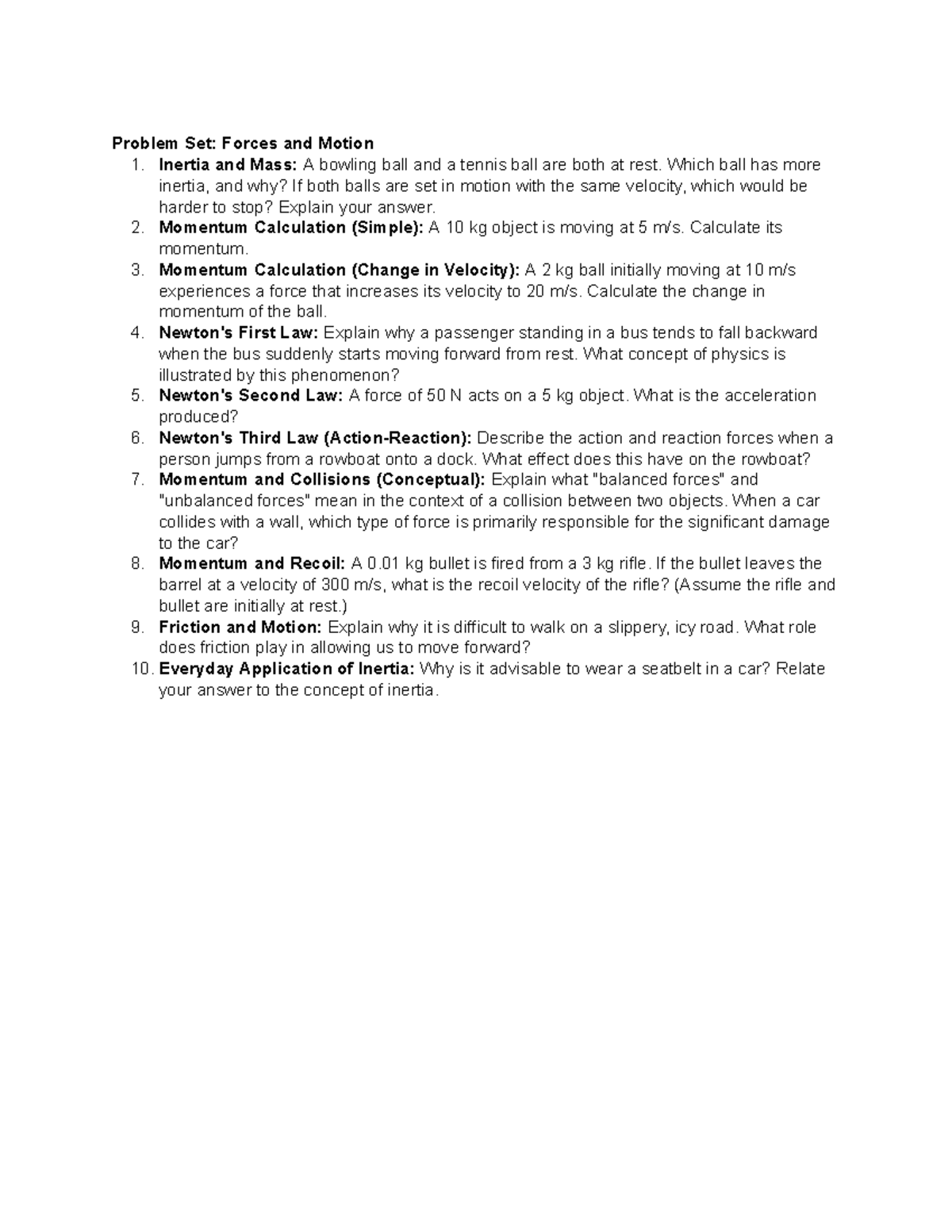 Problem Set: Forces and Motion - Inertia, Mass, and Momentum - Studocu