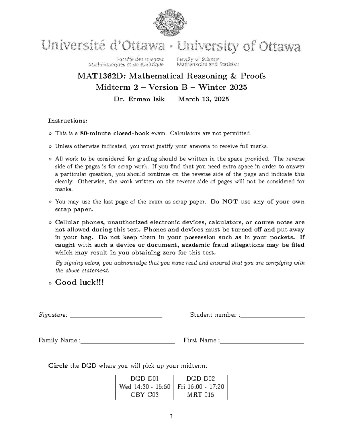 MAT1362D: Mathematical Reasoning Proofs Midterm 2 - Version B - Studocu