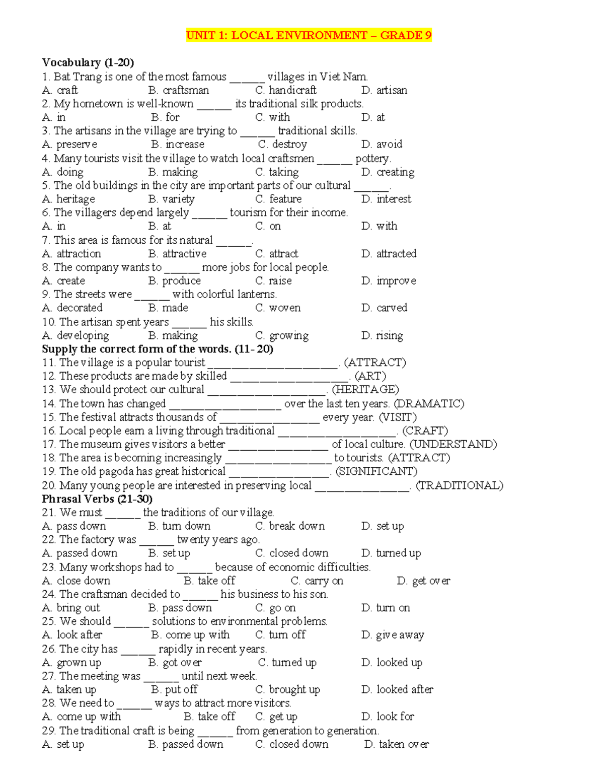 Unit 1: Local Environment Grade 9 Vocabulary & Phrasal Verbs - Studocu