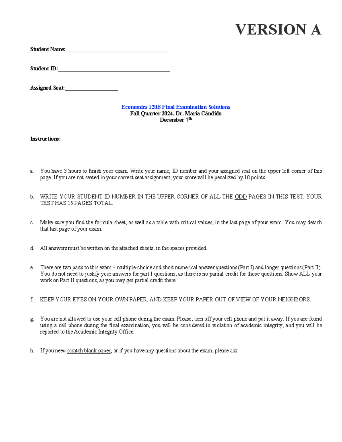 Econ 120B Final Exam Solutions - Version A, Fall 2024 - Studocu