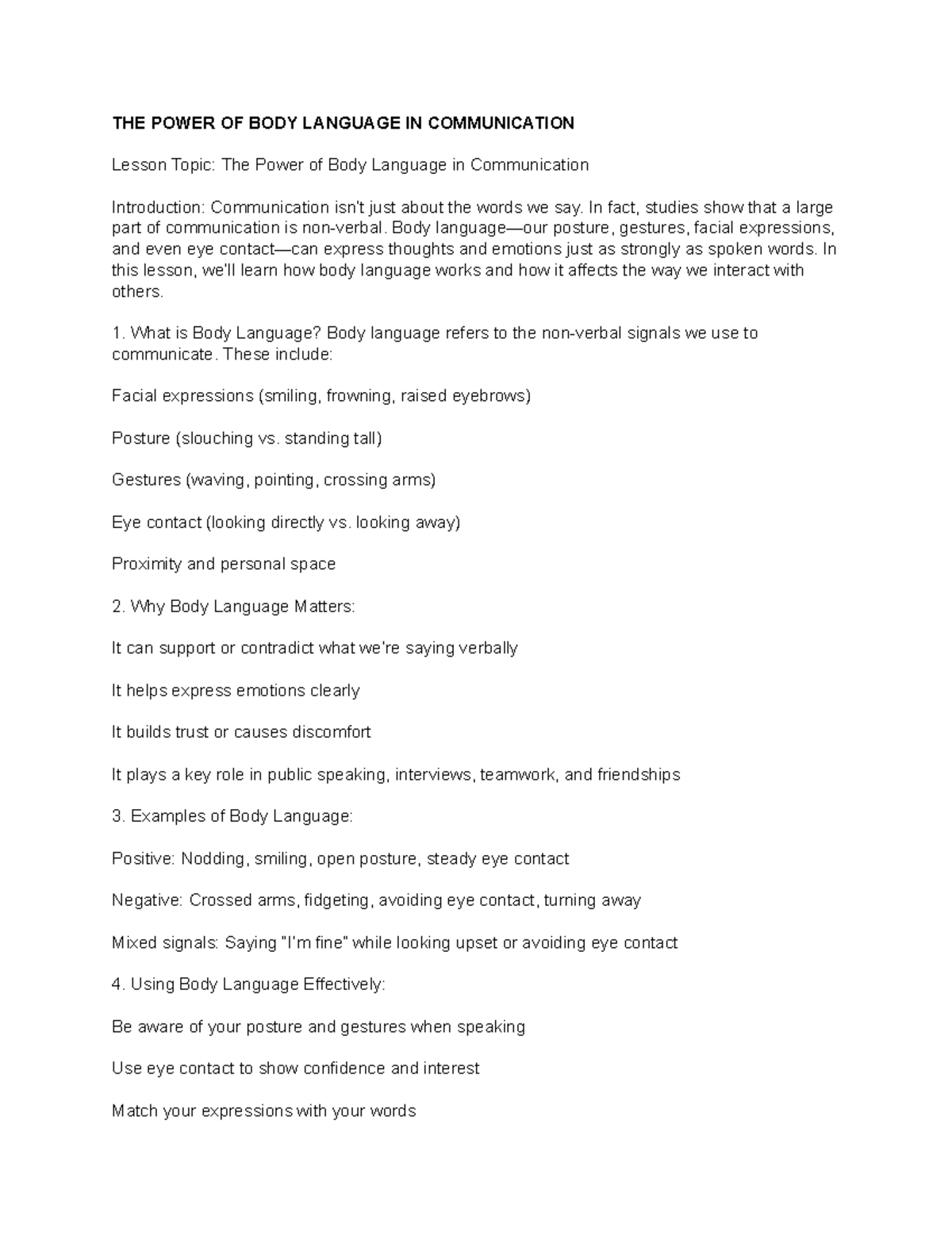 THE POWER OF BODY LANGUAGE IN COMMUNICATION Lesson Notes - Studocu