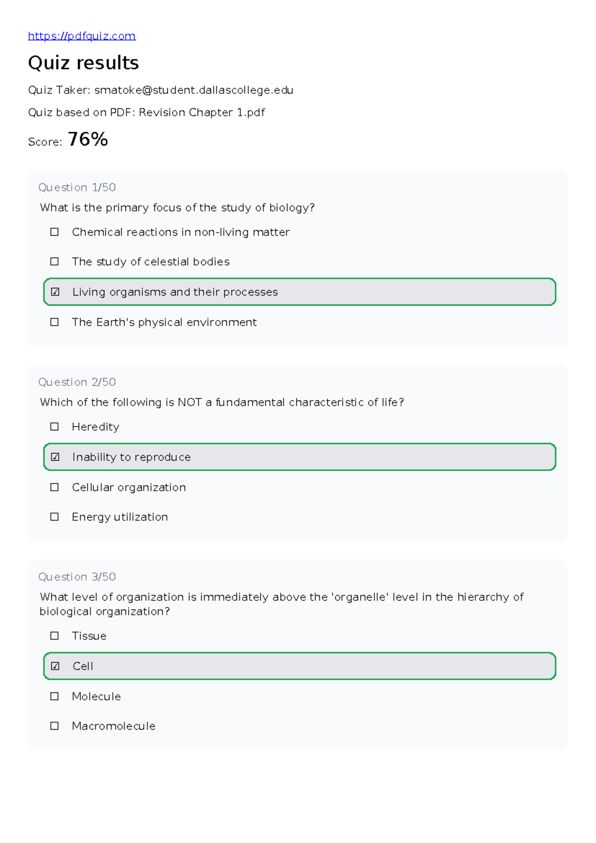 Quiz Results: Biology Revision Chapter 1 (Course Code: BIO101) - Studocu