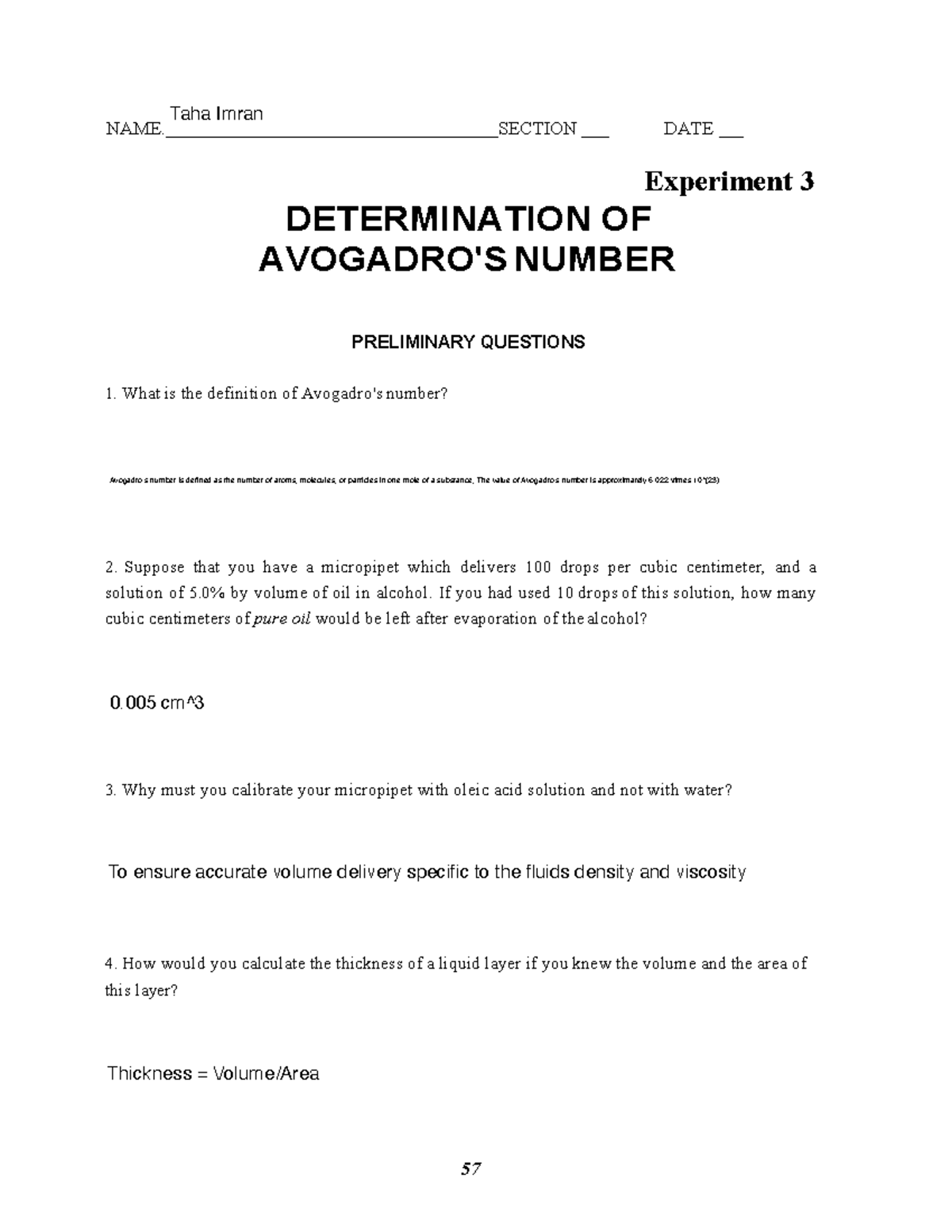 Experiment 3: Determination of Avogadro's Number - Preliminary ...