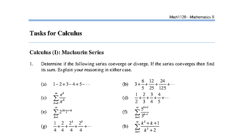 Math1120 Mathematics II: Calculus Tasks and Solutions Overview - Studocu