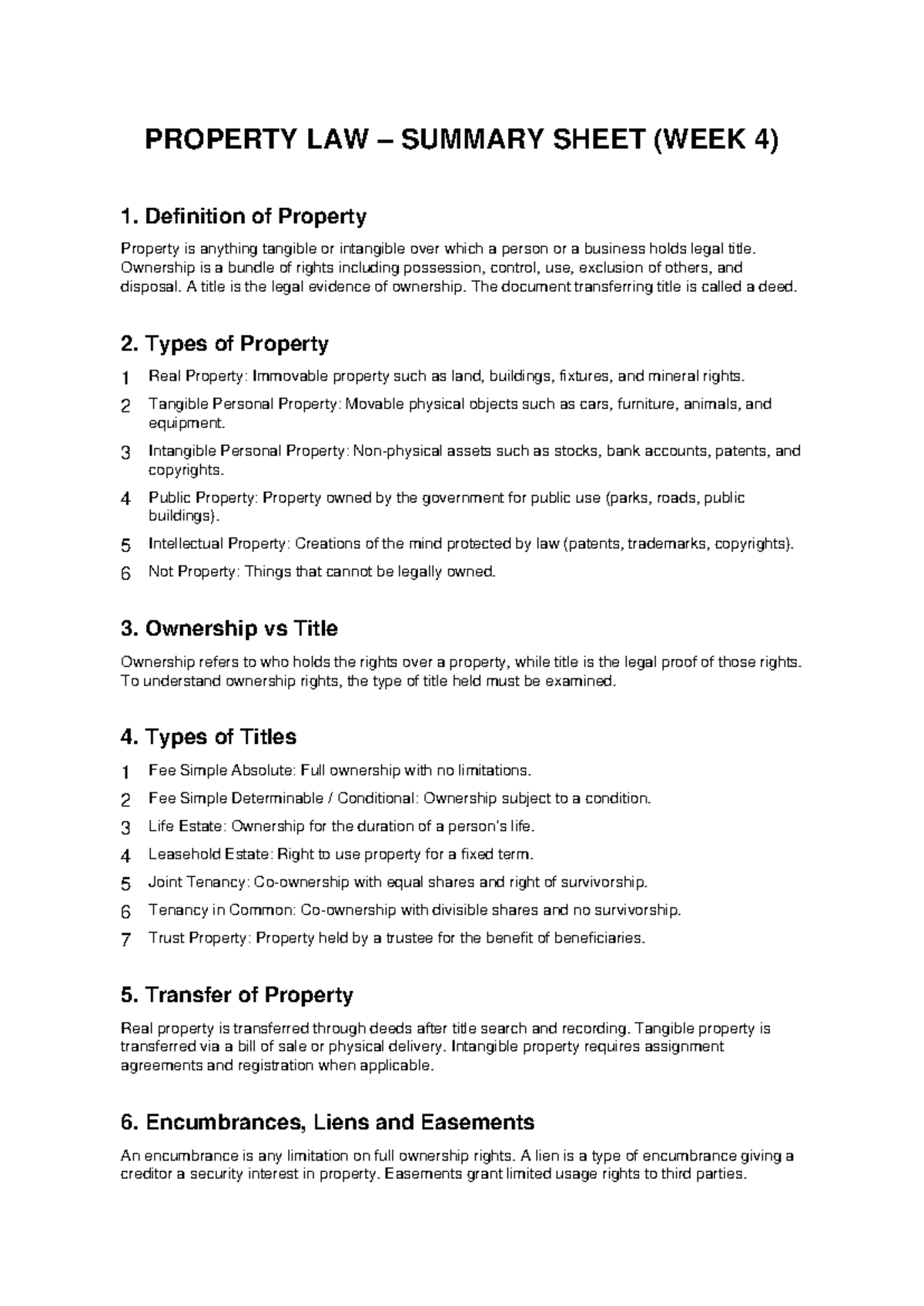 PROPERTY LAW SUMMARY SHEET (WEEK 4) - KEY CONCEPTS & DEFINITIONS - Studocu