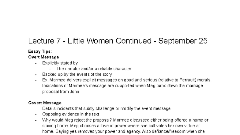Lecture 7 - Little Women: Overt and Covert Messages Analysis - Studocu