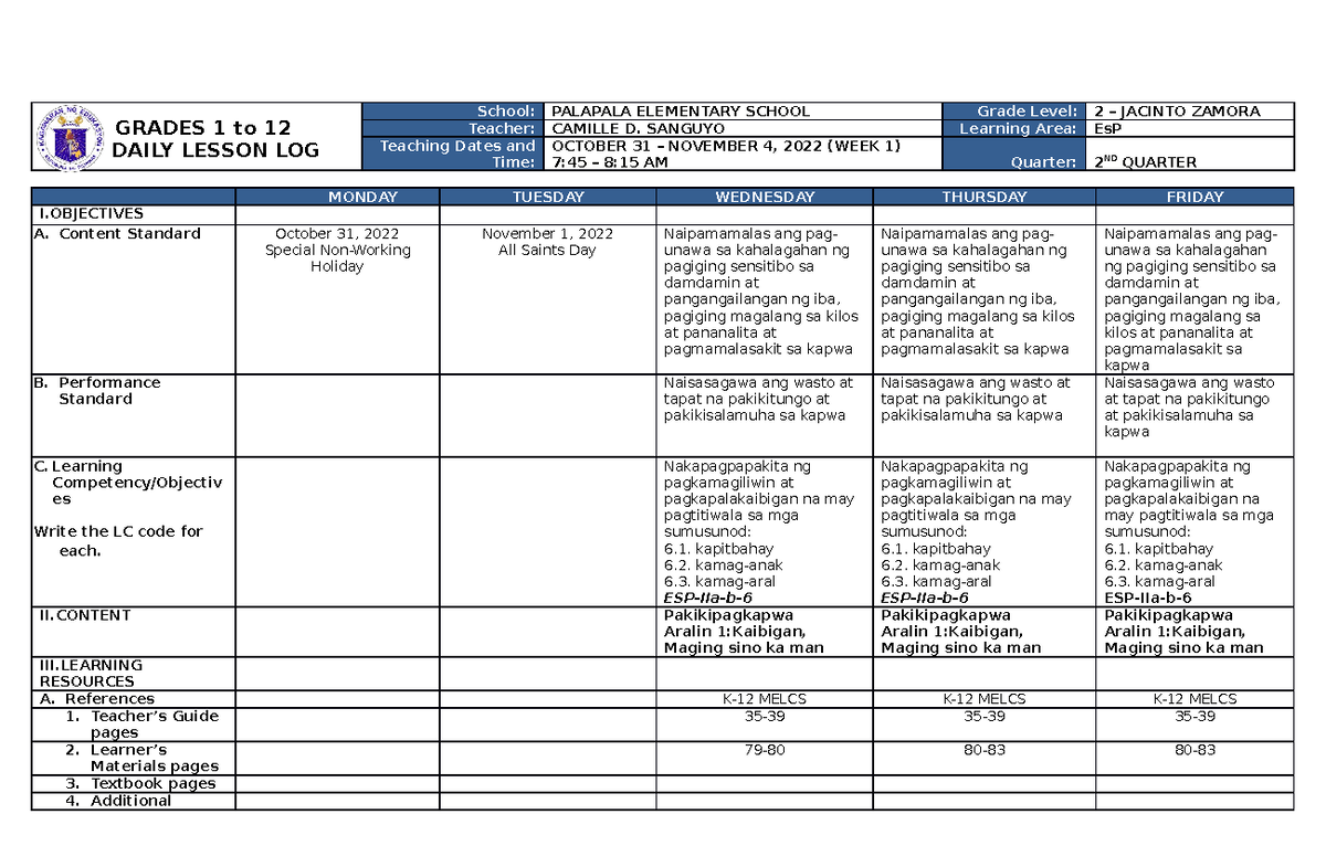 DLL ESP 2 Q2 W1 - LESSON PLAN - GRADES 1 to 12 DAILY LESSON LOG School ...