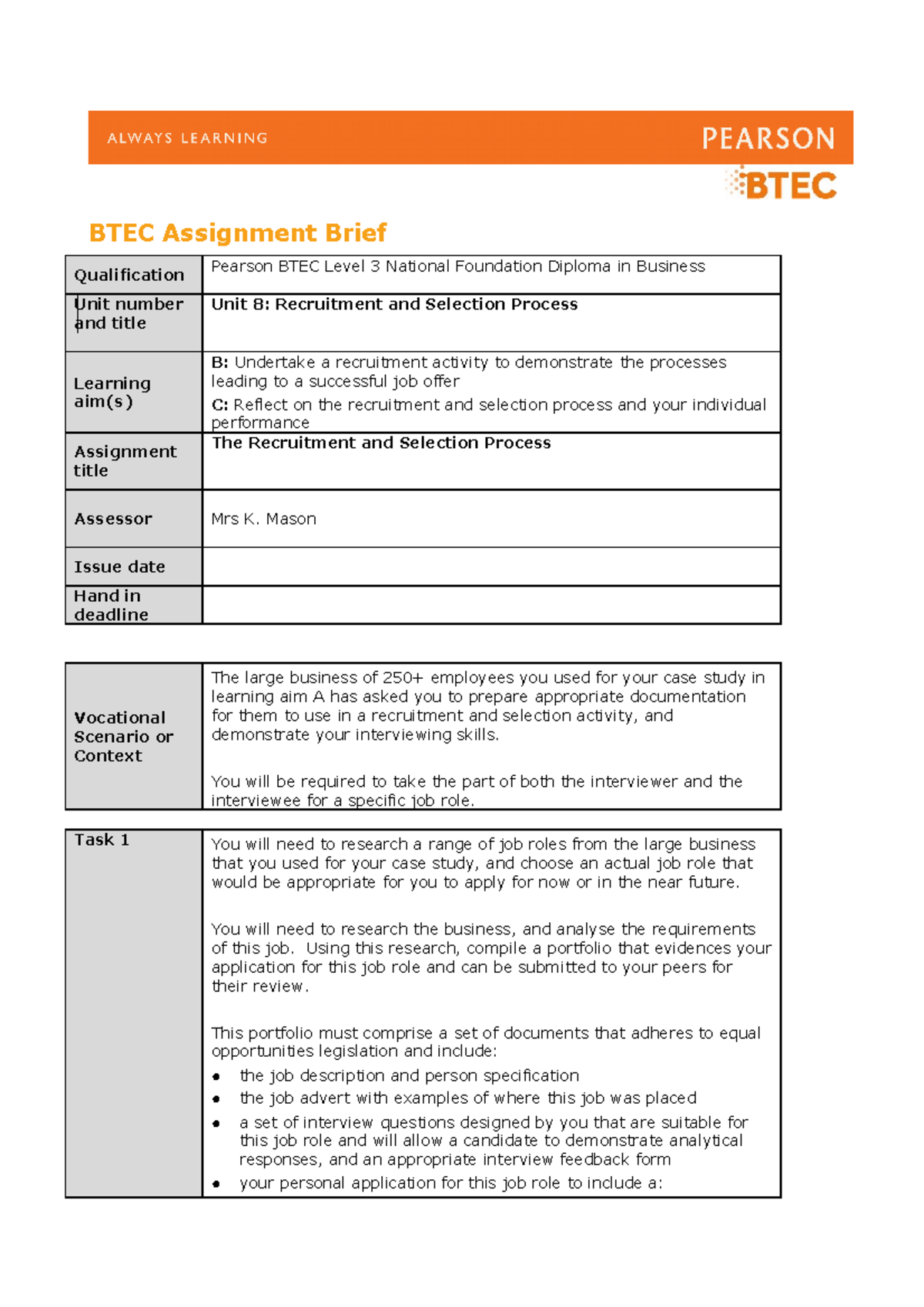 BTEC Level 3 Unit 8 Assignment: Recruitment and Selection Process - Studocu