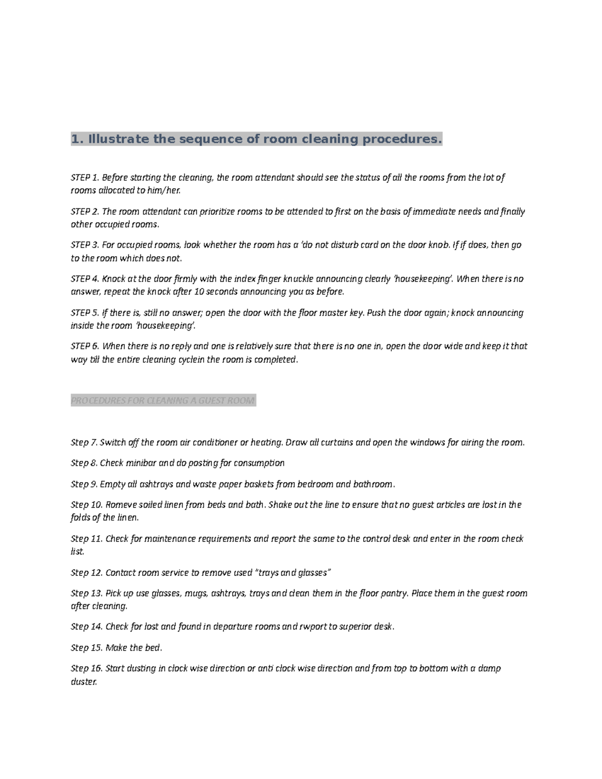 Room Cleaning Procedures: A Comprehensive Guide for Housekeeping - Studocu