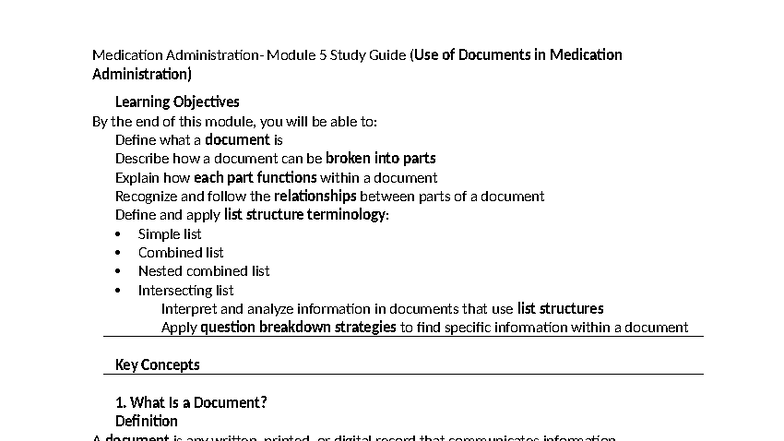 Medication Admin - Module 5 Study Guide: Document Use & Structure - Studocu
