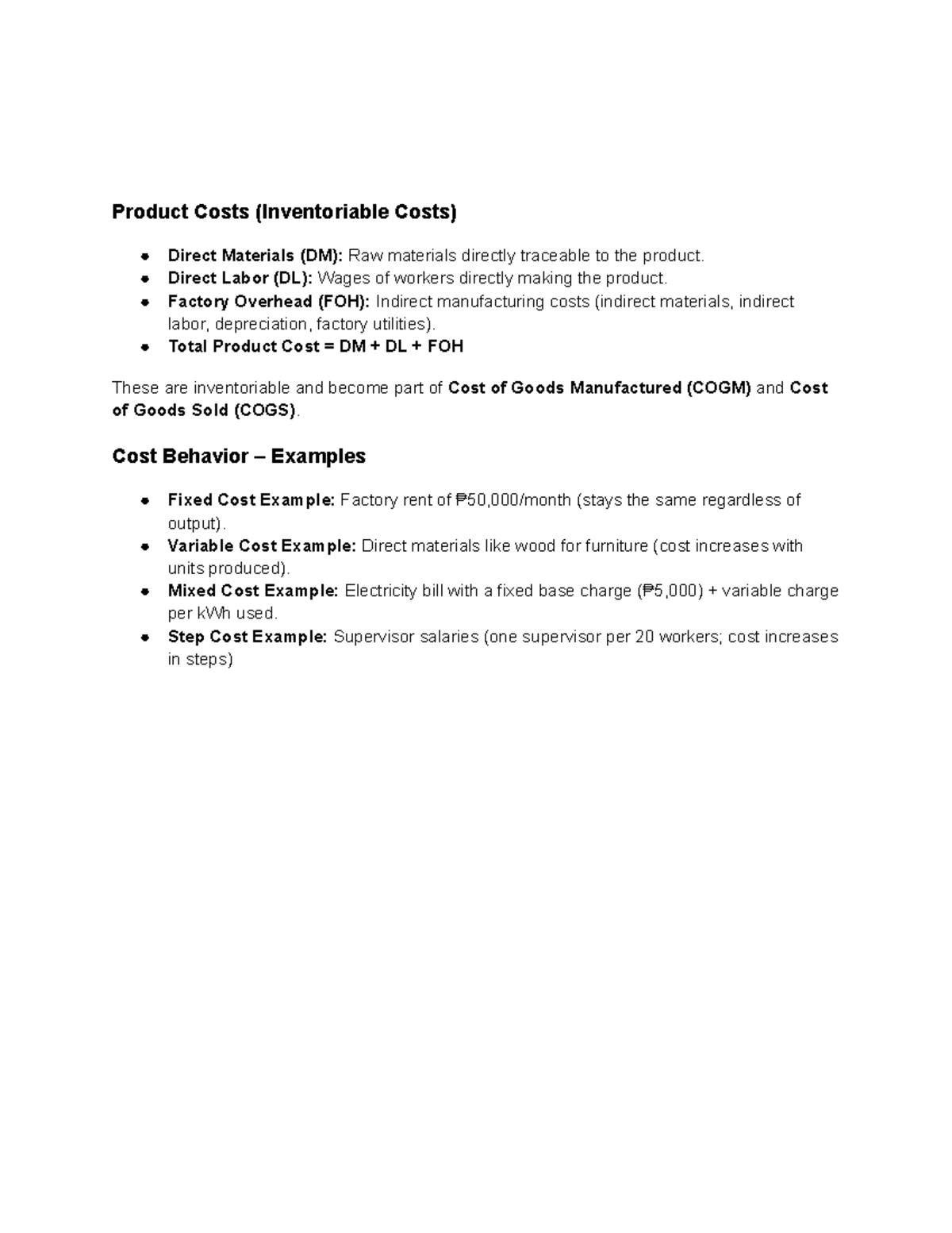 Product Costs (Inventoriable Costs) Overview and Examples - Studocu