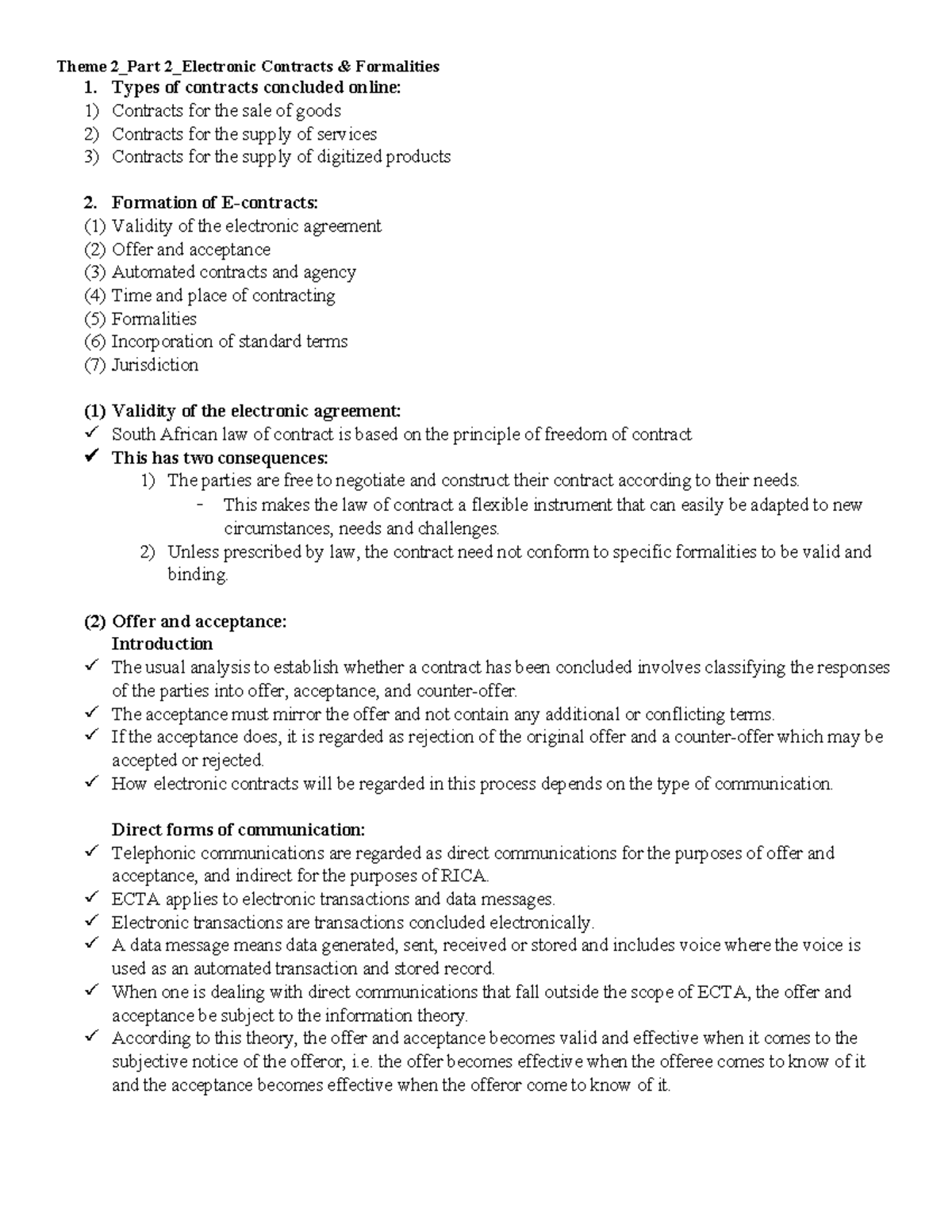 Theme 2 Part 2 - Electronic Contracts Formalities Lecture Notes - Studocu