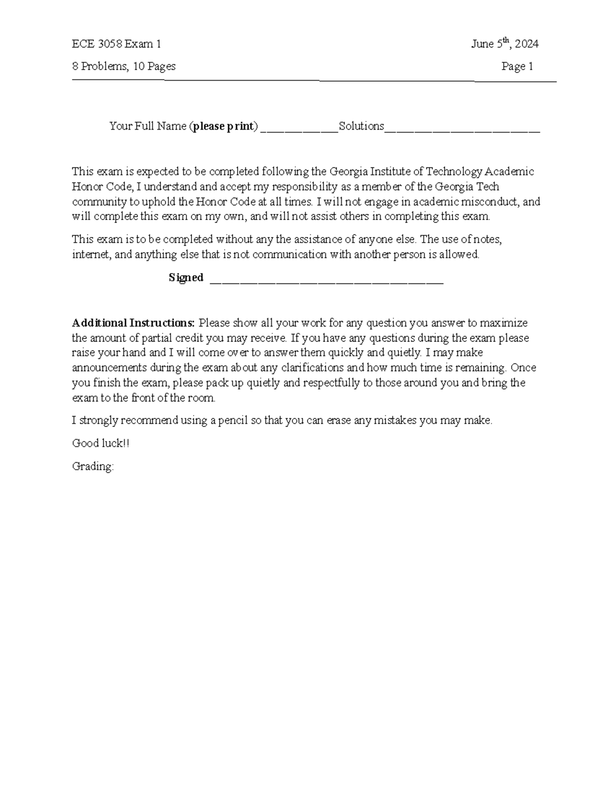 ECE 3058 Final Exam 1 Solutions - June 5, 2024 (8 Problems, 10 Pages ...