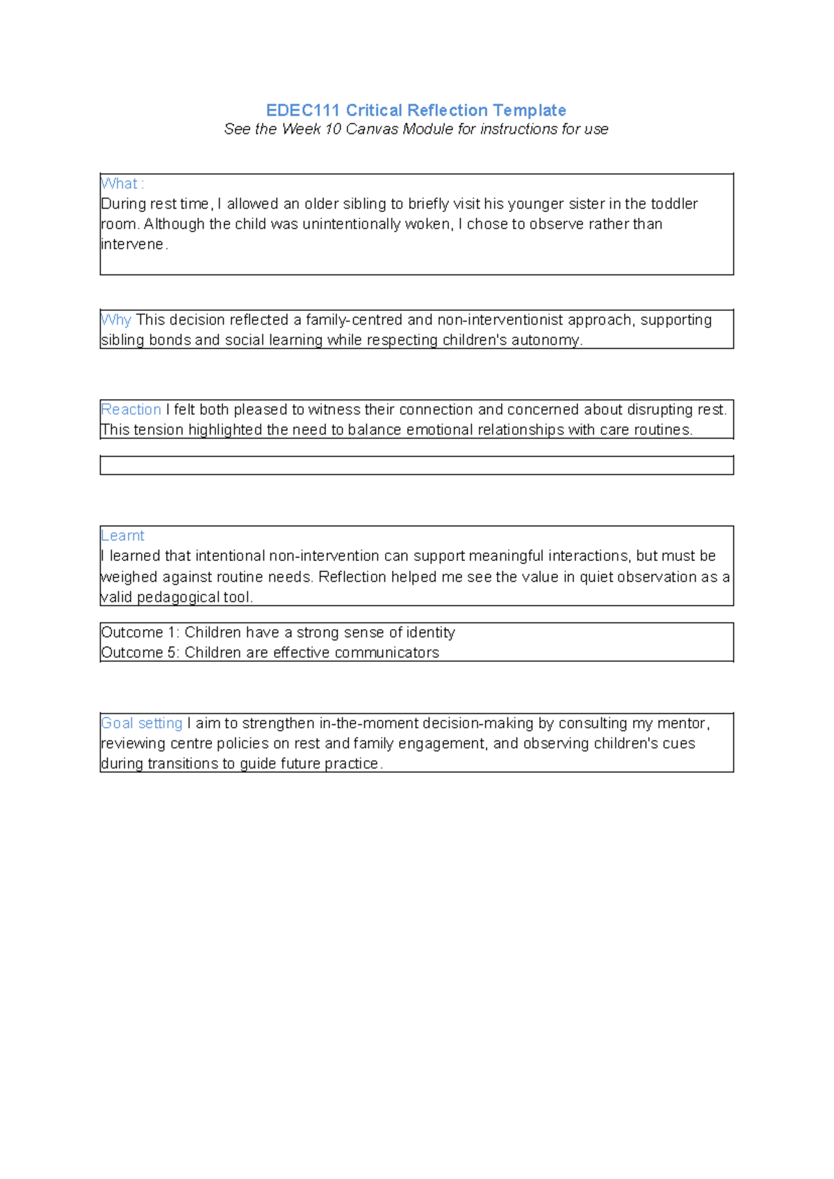 EDEC111 Critical Reflection on Sibling Interaction & Care Balance - Studocu