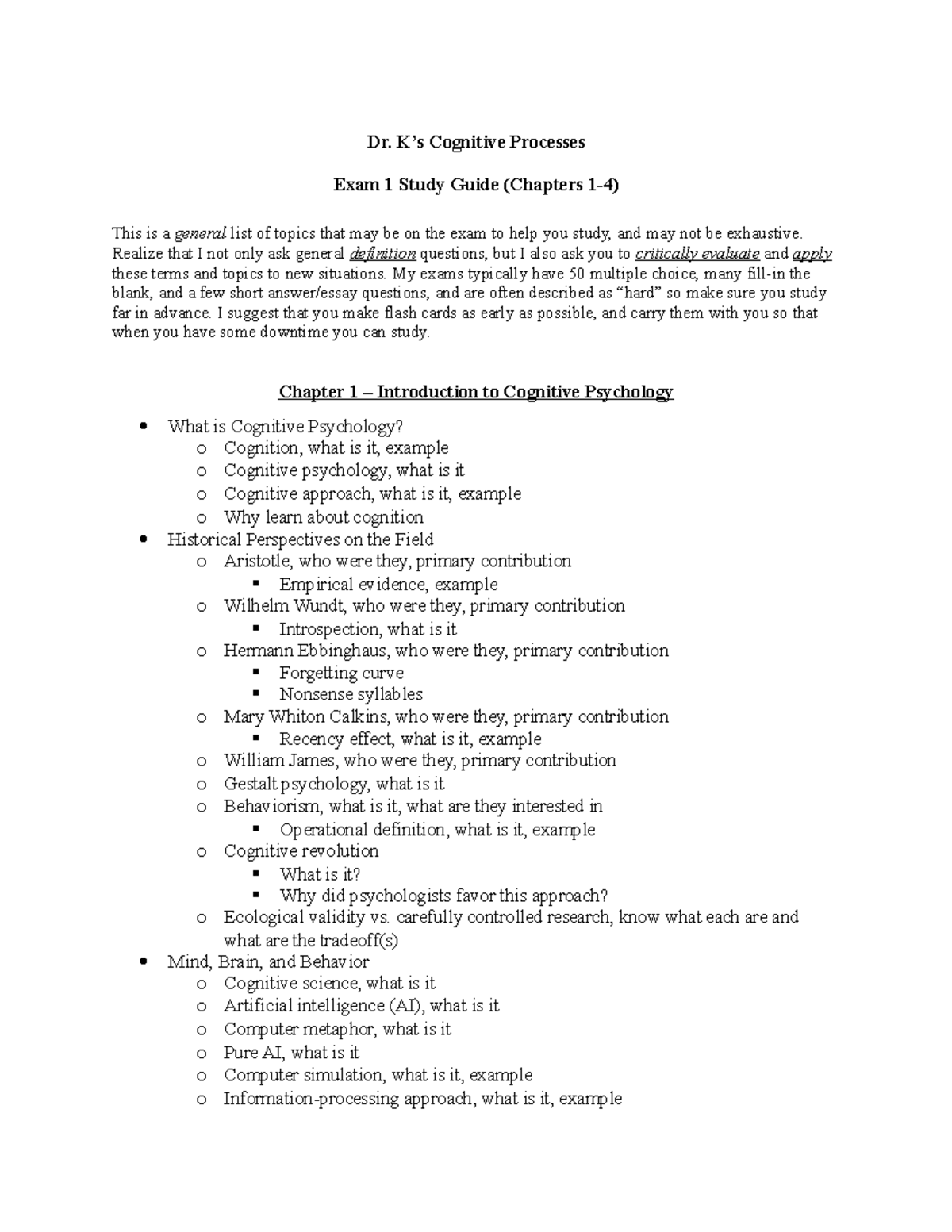 CP Exam 1 Study Guide: Key Topics in Cognitive Processes (Ch. 1-4 ...