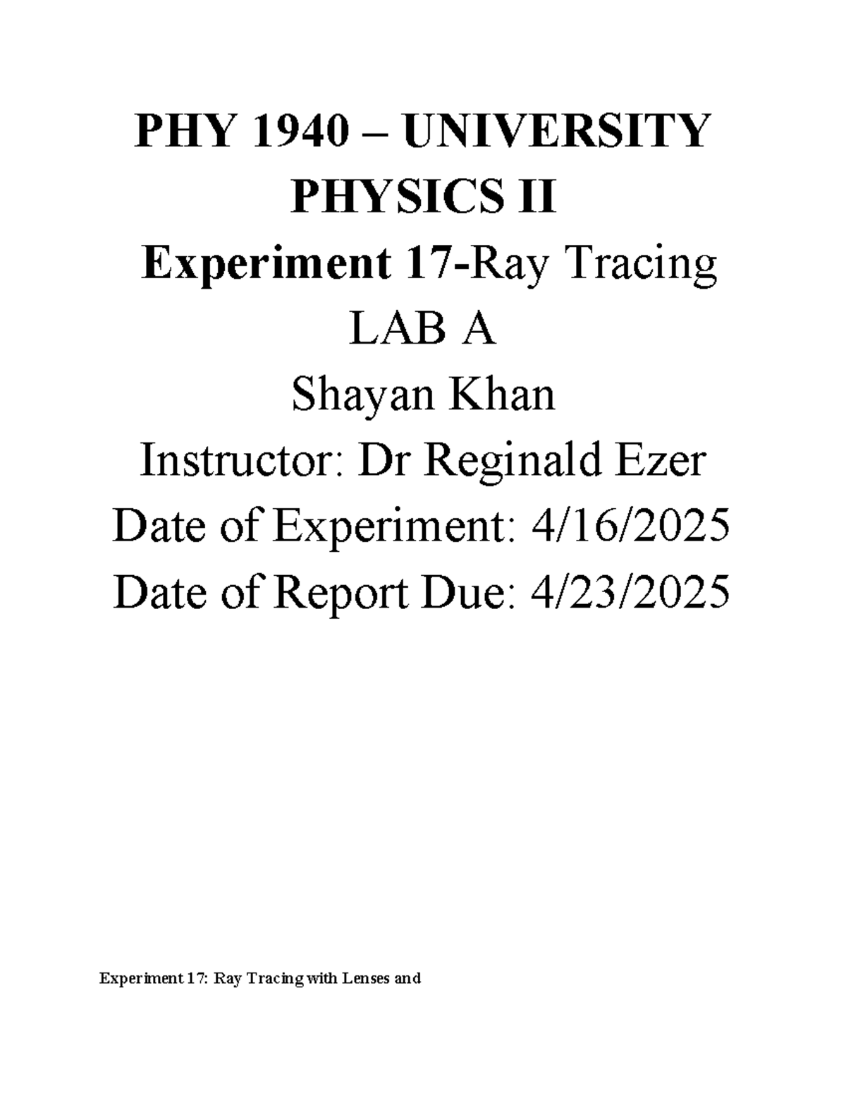 PHY 1940 Final Lab Report: Experiment 17 - Ray Tracing with Lenses ...