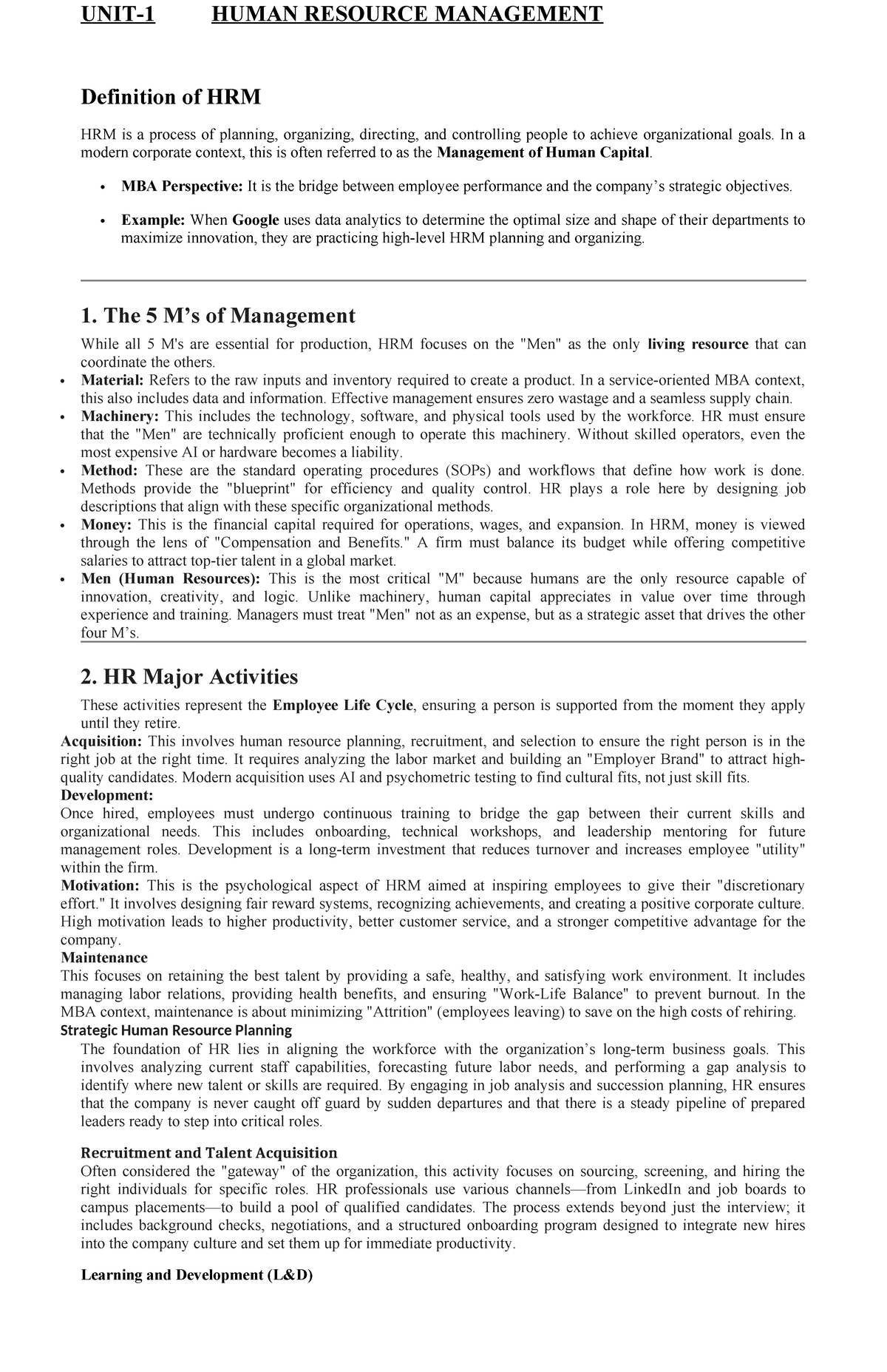 MBA HRM Lecture Notes: Understanding Human Resource Management Concepts ...