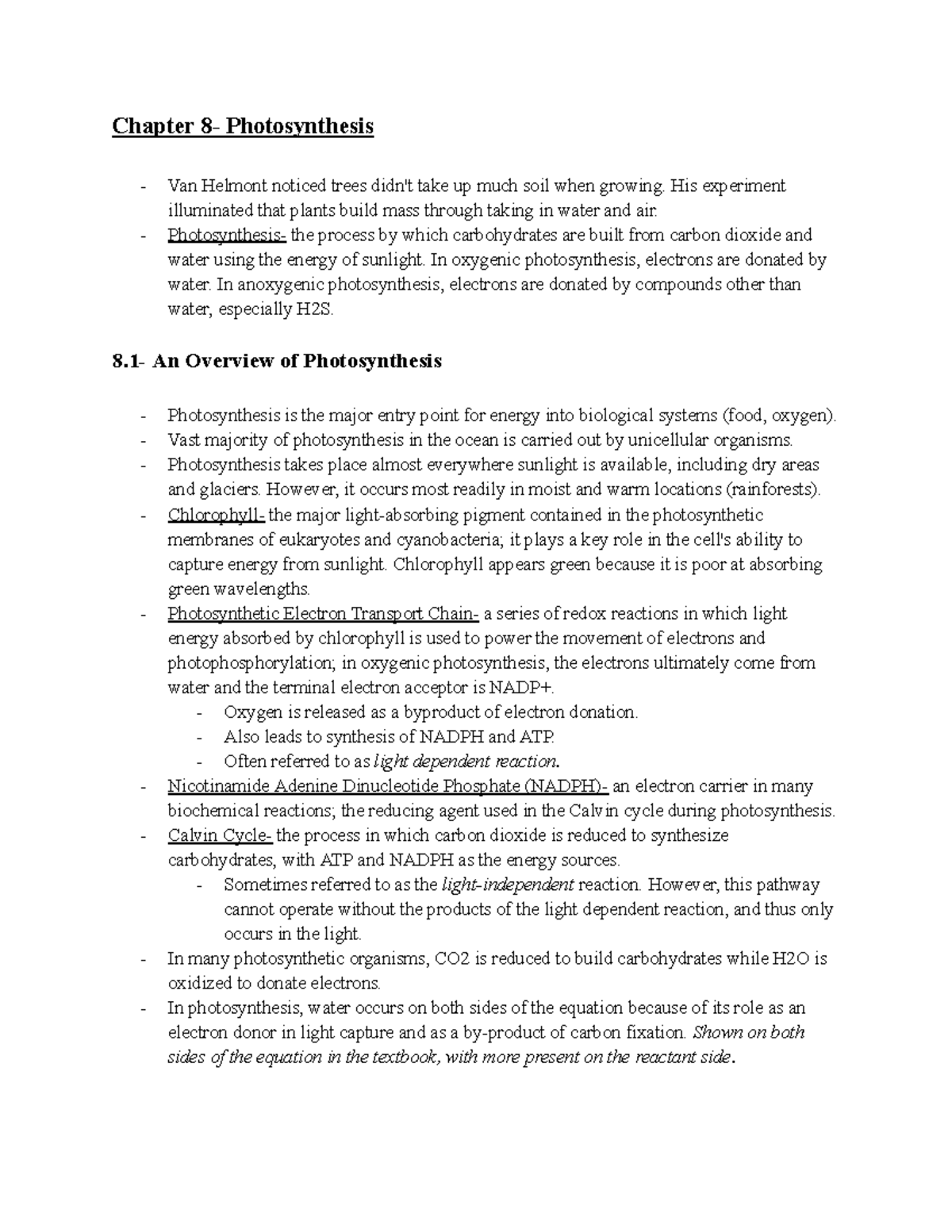 LS 7A Chapter 8: Overview of Photosynthesis and Its Mechanisms - Studocu