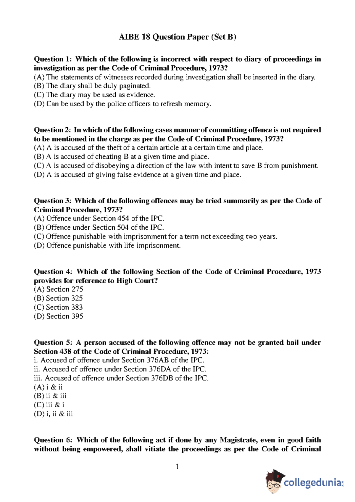 AIBE 18 Set B Question Paper with Answer Key - Studocu