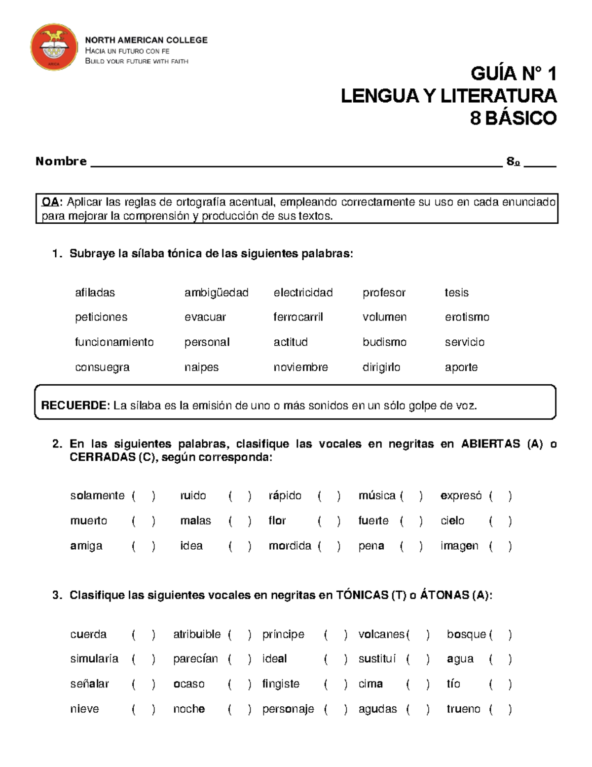 Guía 1 de Ortografía y Vocales - Lenguaje 8vo Básico U0 - Studocu