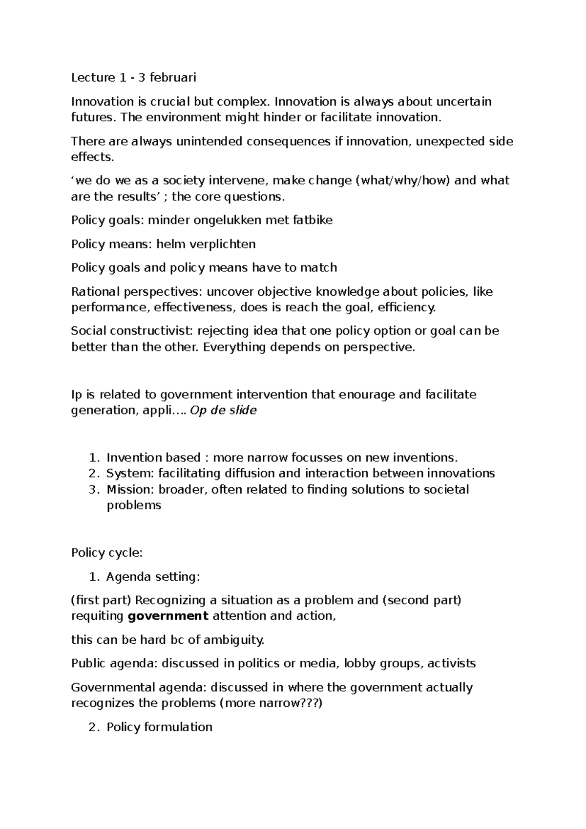Incomplete Lecture Notes - Innovation & Policy (Lectures 1-4) - Studeersnel