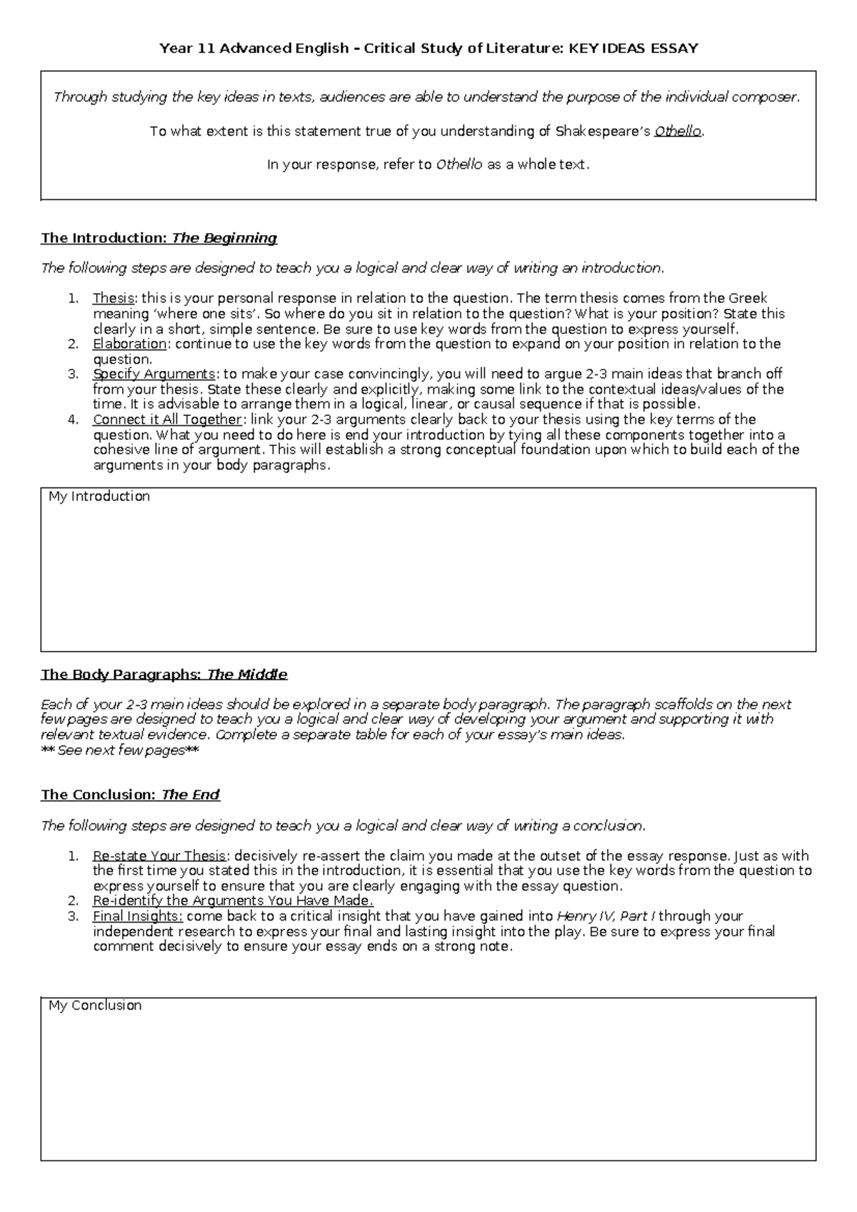 Year 11 Adv. English: Othello Key Ideas Essay Planning Notes - Studocu