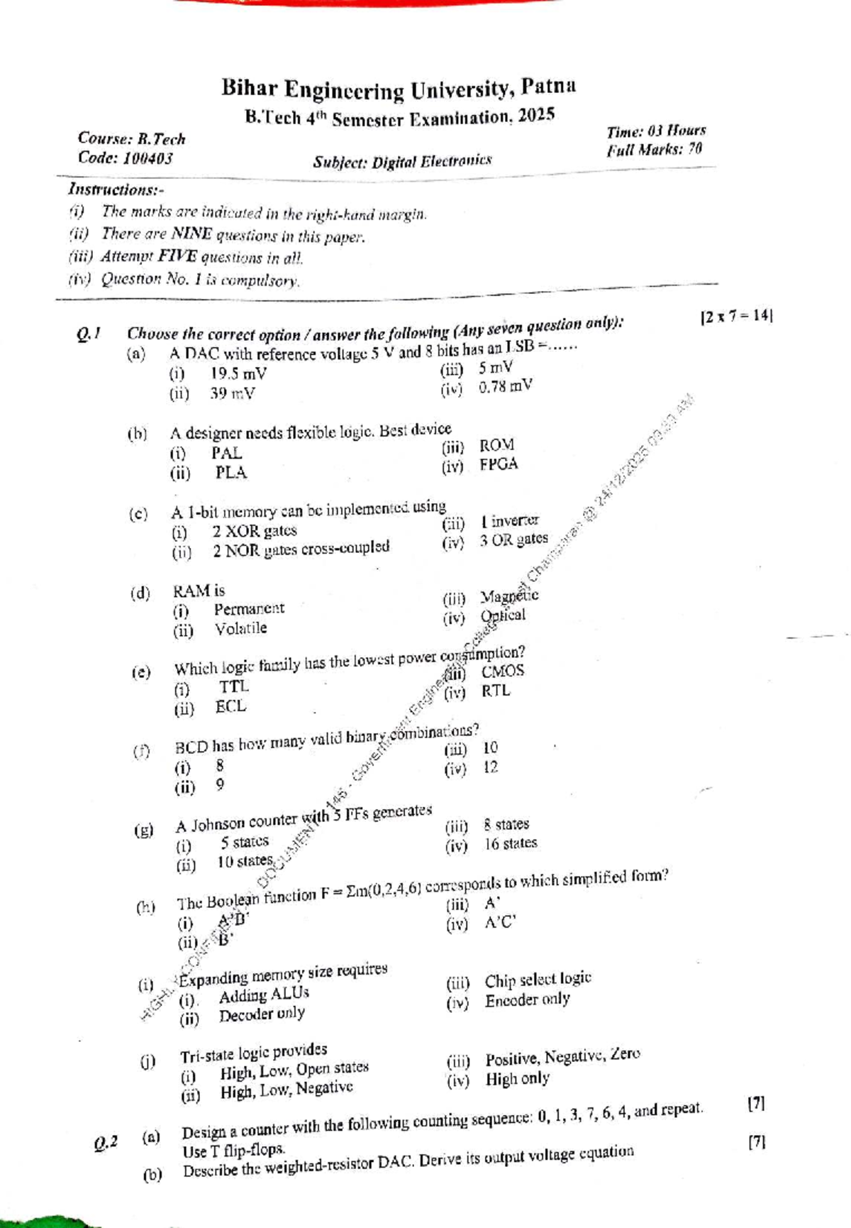 B.Tech 100403 Digital Electronics PYQ - 4th Sem Exam 2025 - Studocu