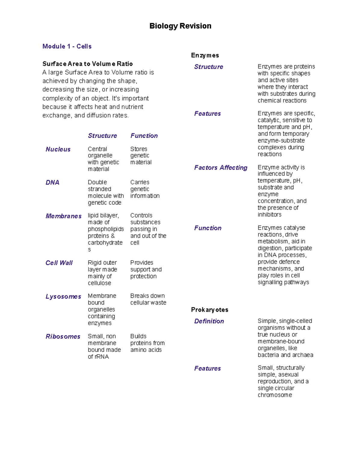 Biology Revision Notes - BIO 101 - Cells & Organisms Overview - Studocu