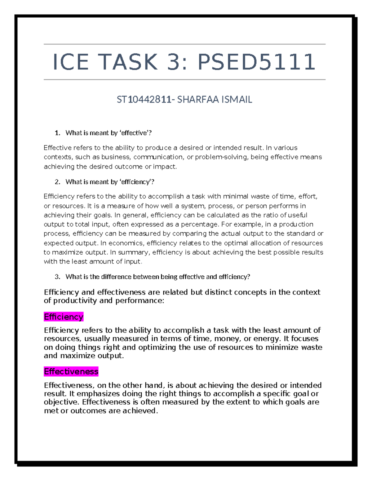 ICE Task 3 PSED - Understanding Effectiveness vs. Efficiency in ...