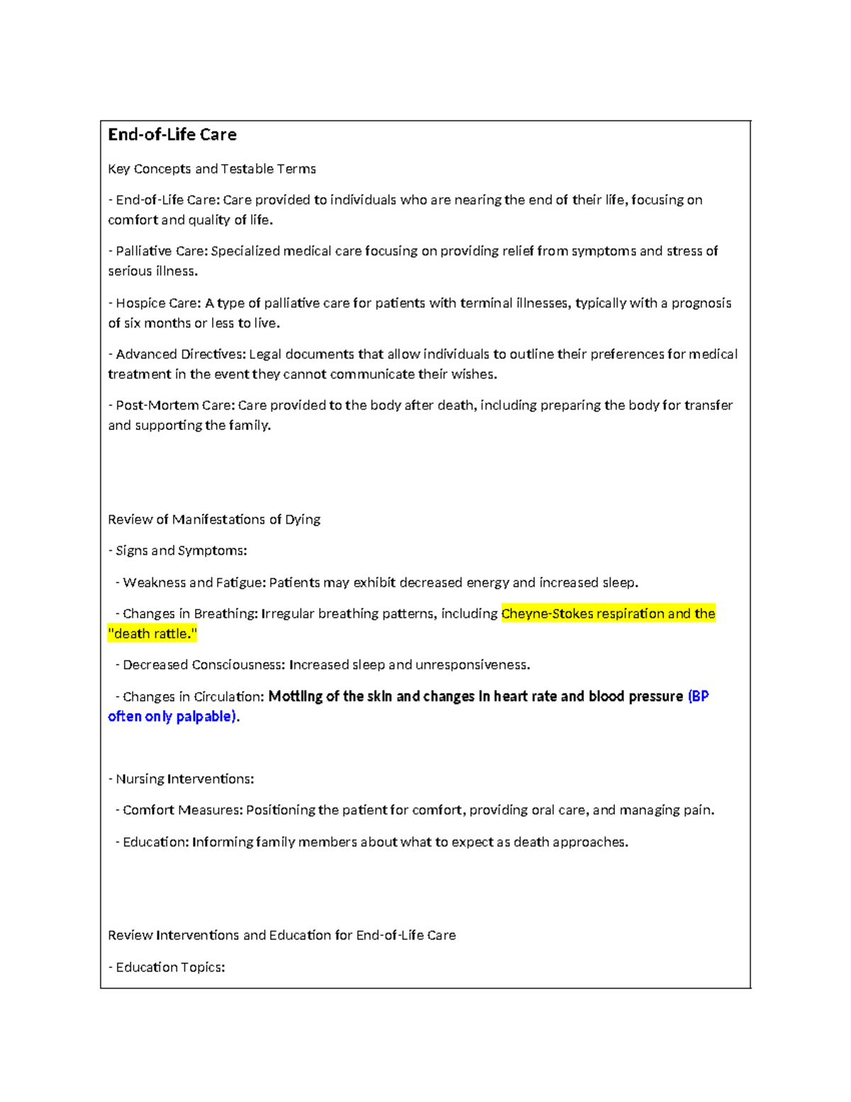 Finished MED SURG Final EXAM Study Guide - End-of-Life Care Key ...