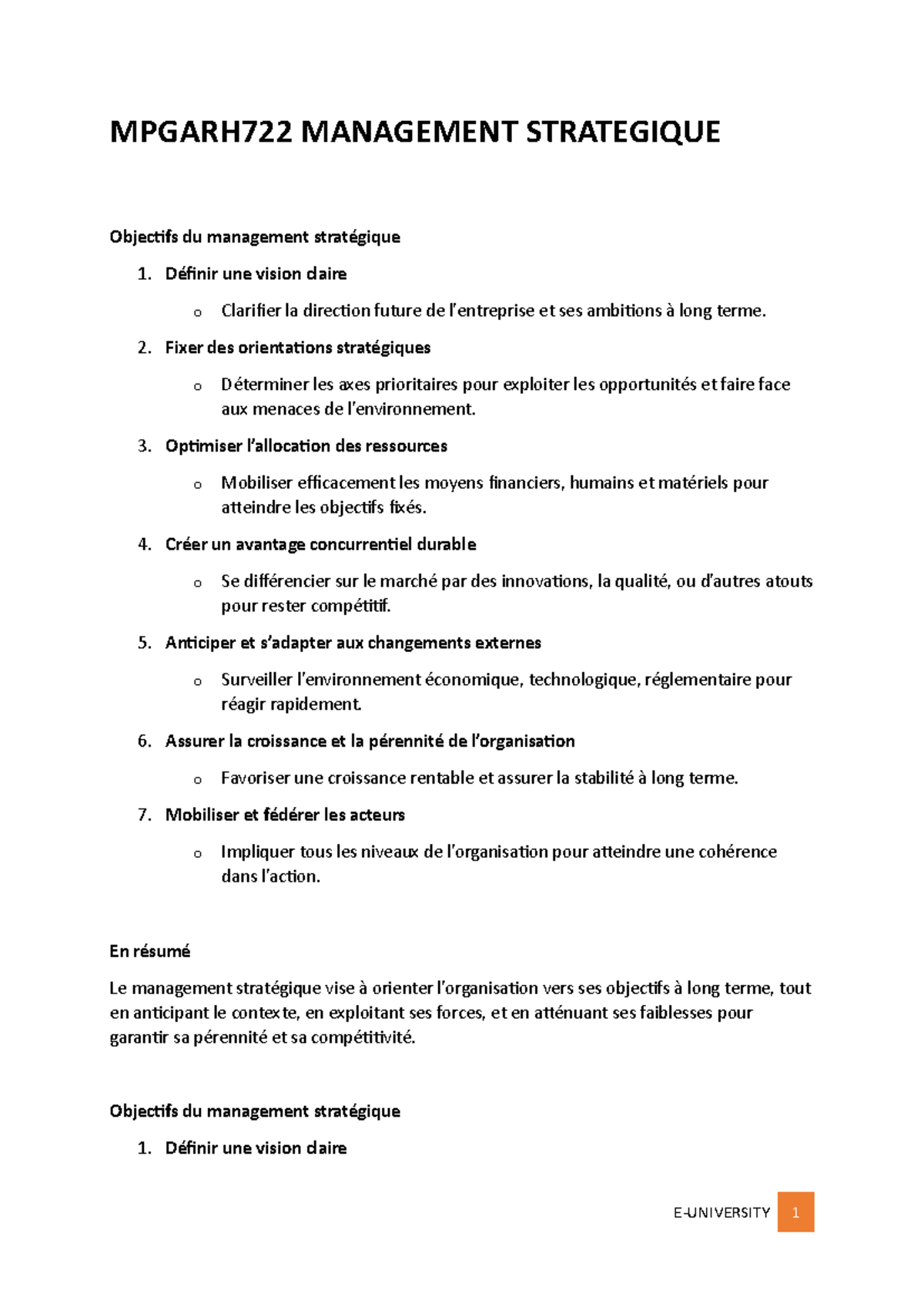 MPGARH722 Management Stratégique : Objectifs et Processus Clés - Studocu