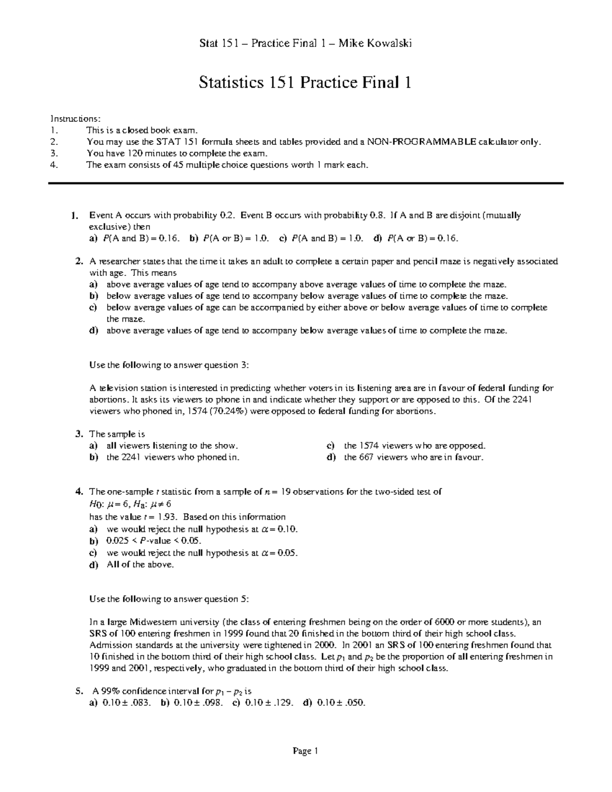 Stat 151 Practice Final Exam Review - Mike Kowalski - Studocu