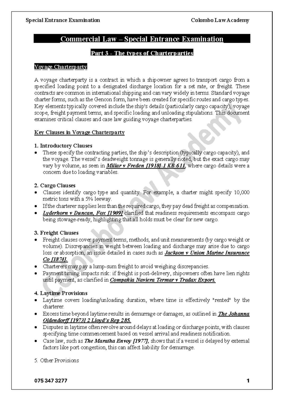 Commercial Law – Special Entrance Examination on Charterparties ...